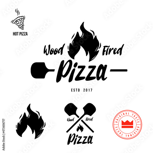Vintage pizzeria labels, wood fired label, sticker or emblem.