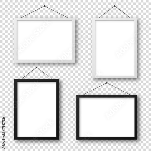 Realistic black and white picture frames with shadow on checkered background. Hanging on a wall blank poster mockup. Empty photo frame. Vector illustration.