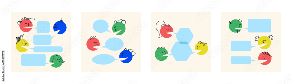 Dialogue template. People talk, argue, speech bubbles for text. Question and answer. Colorful round vector illustration.