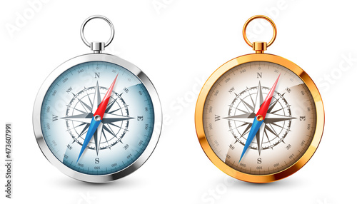 Realistic silver, golden vintage compass with marine wind rose and cardinal directions of North, East, South, West. Shiny metal navigational compass. Cartography and navigation. Vector illustration.