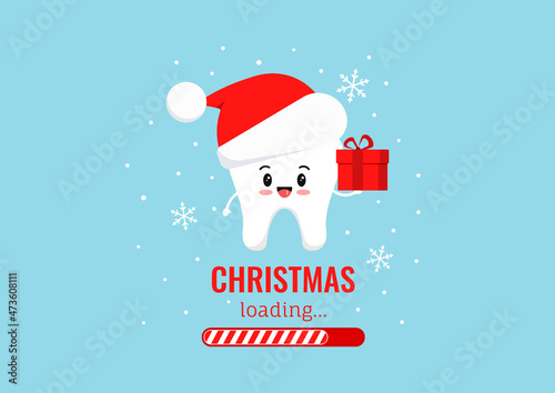Chistmas tooth with gift in red Santa Claus hat and countdown bar. Tooth Christmas loading text and candy bar progress on offer card or banner. Flat design cartoon xmas vector stomatology illustration