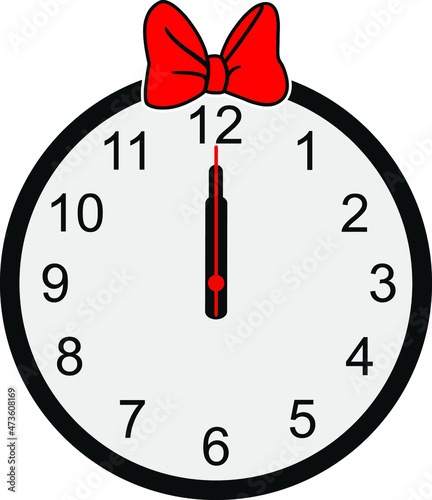 Wall Clock with red Bow tie on white background. Vector