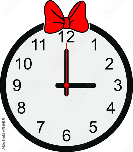Wall Clock with red Bow tie on white background. Vector