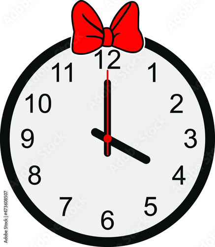 Wall Clock with red Bow tie on white background. Vector