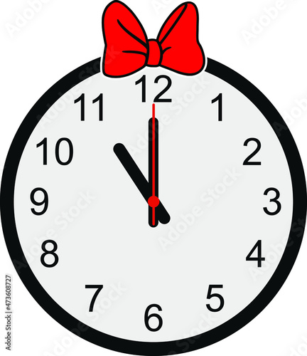 Wall Clock with red Bow tie on white background. Vector