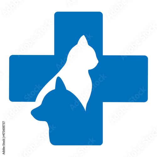 Illustration of a logo of a veterinary clinic. Dog and cat on a background of a medical cross.