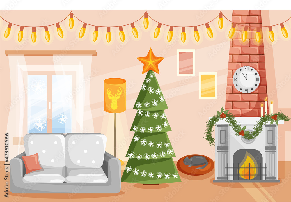 Decorated room for Christmas with garland, spruce, sofa and fireplace.