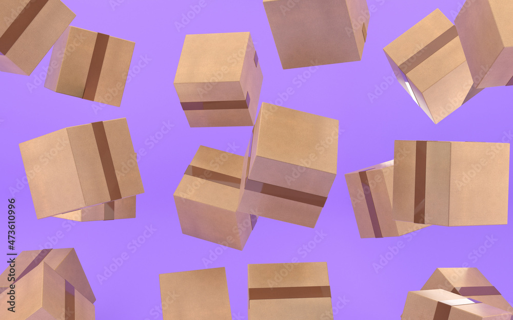 Falling cardboard boxes. cargo box on violet background. Many cardboard boxes. or delivery package isolated. minimal icon. 3d rendering