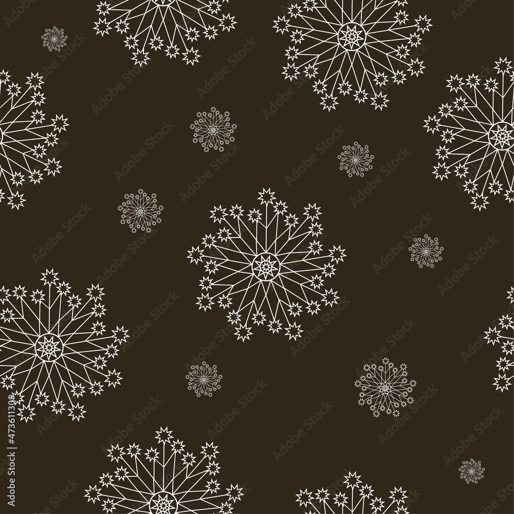 Naklejka premium New Year pattern, snowflakes on black background. Vector design for paper, cover, fabric, interior decor. 