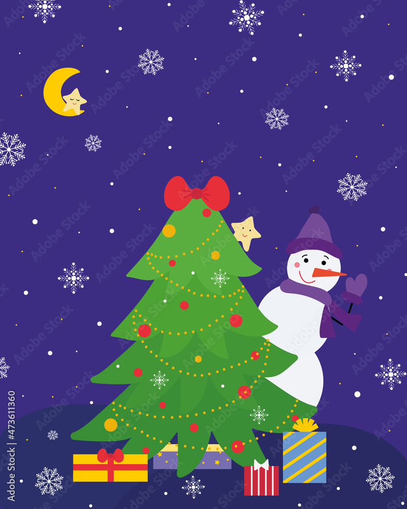 A hand-drawn snowman with a Christmas tree and gifts on a dark blue background with falling snowflakes. Greeting card for the new year in cartoon style