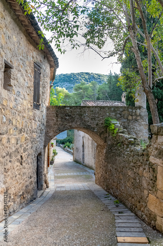 Saint-Guilhem-le-Desert in France  view of the village  typical street and houses 