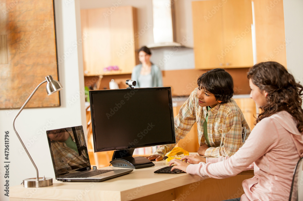 Brother and sister at home computer looking at screen. Brother and sister at home computer looking at screen.