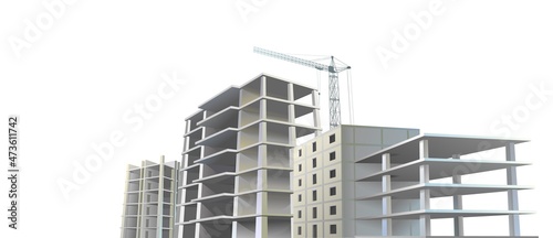 Building Several construction. Reinforced concrete slabs and floors. Residential house or office. Unfinished object. Realistic style. Lifting crane. Isolated on white background. Bottom view. Vector