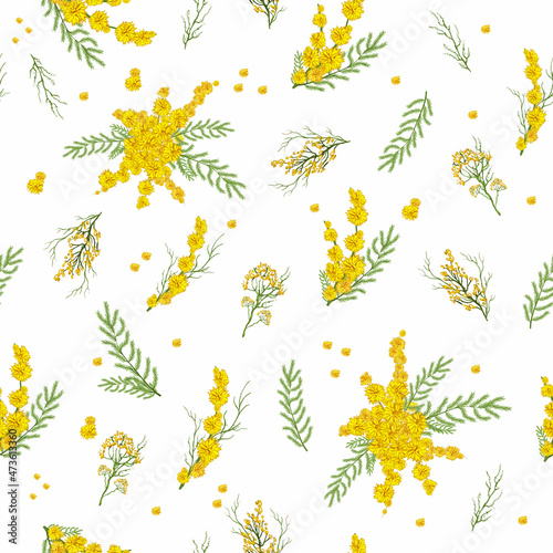 realistic seamless pattern with yellow mimosa flowers. a hand-drawn botanical pattern in a minimalist style. spring art wallpaper for print, paper. vector art illustration.