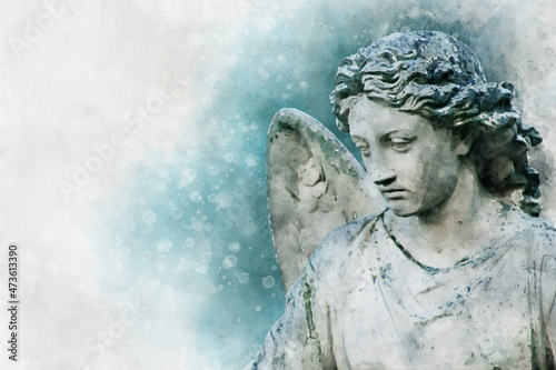 Antique statue of an angel in watercolor style