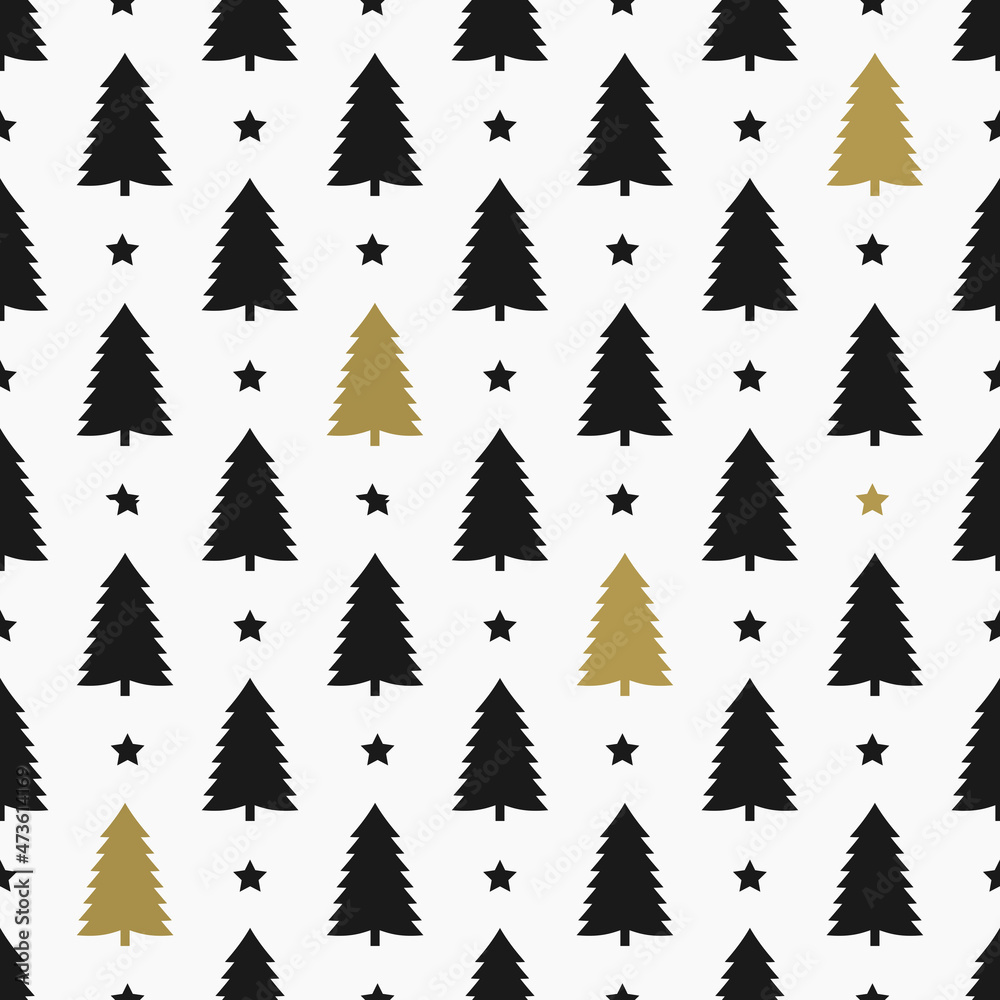 Christmas trees black and gold seamless pattern.