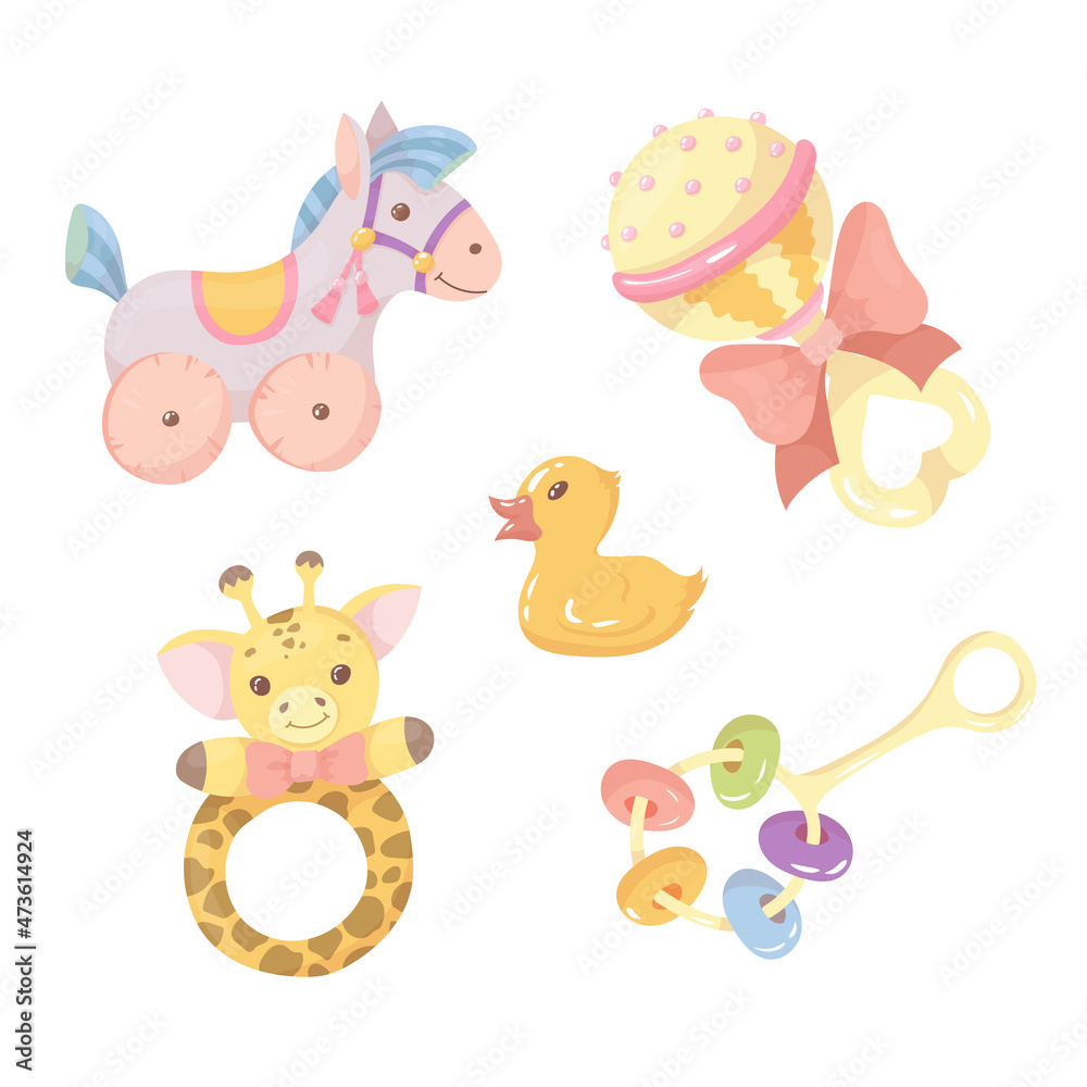 A set of toys for small children. Rattles for newborns. Goods for kids. Vector illustration isolated on white background.