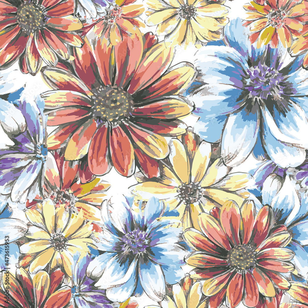 Colourful sketchy watercolour flowers seamless repeat tile pattern background on white