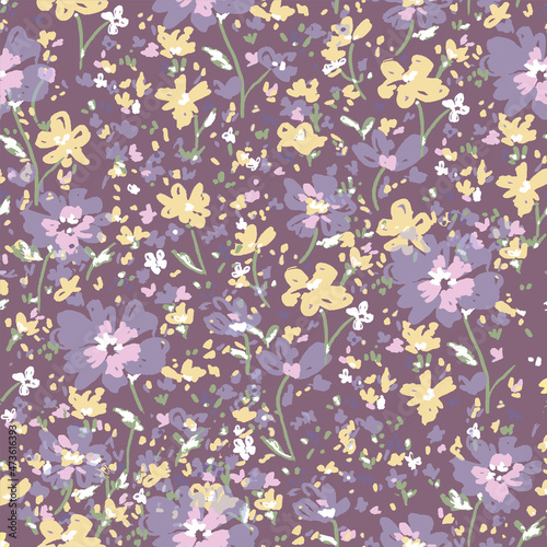 Sketchy Wild Floral Repeat Vector Seamless Pattern Background Mauve cream yellow white pink