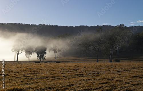 Early morning mist passing through rural farmland photo