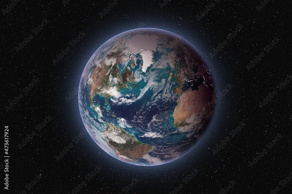 Planet Earth against dark starry sky background, visible America, Africa, Europe and Greenland, elements of this image furnished by NASA Planet Earth against dark starry sky background, visible America, Africa, Europe and Greenland, elements of this image furnished by NASA