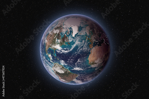 Planet Earth against dark starry sky background, visible America, Africa, Europe and Greenland, elements of this image furnished by NASA
