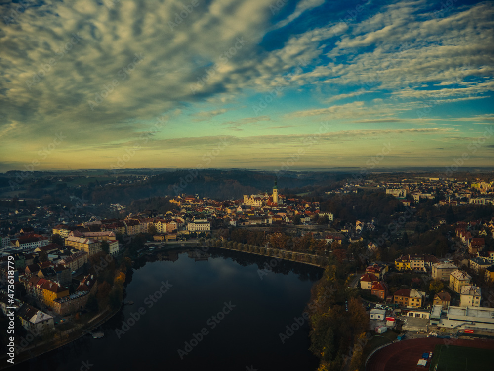aerial view of Tabor czech republic, lake and church tower winter morning sunlight