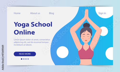 Yoga classes online. Landing page. Web site yoga school. A pretty European girl shows an asana. Yoga training via the Internet. Vector illustration.