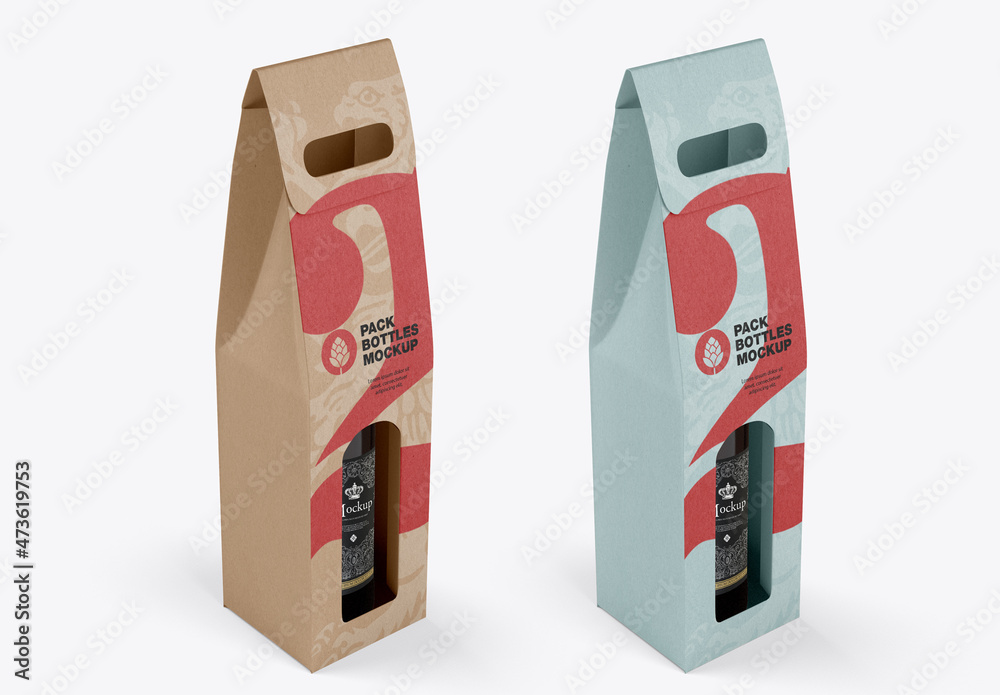 Kraft Paper Pack Wine Bottle Carrier Mockup Stock Template