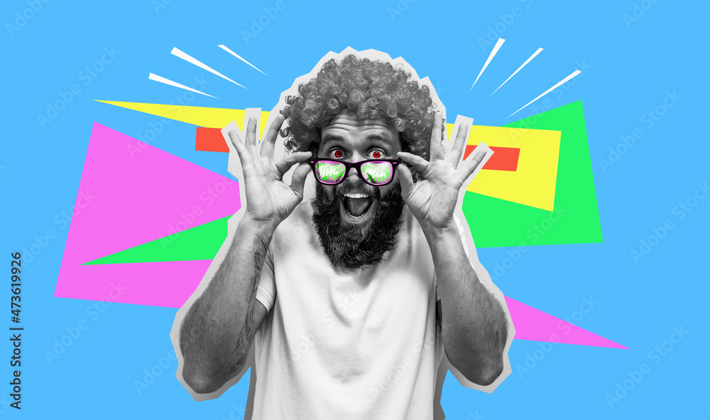 Crazy hipster guy emotions. Collage in magazine style. Discount, sale, season sales. Colorful summer concept. A happy charismatic guy. - obrazy, fototapety, plakaty 