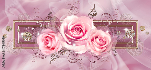 3D-image pink roses with floral ornaments and gold frame on a lilac abstract background photo