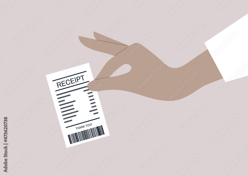 Financial concept, spending money, hand holding a paper receipt, a customer at the supermarket, an invoice document Financial concept, spending money, hand holding a paper receipt, a customer at the supermarket, an invoice document