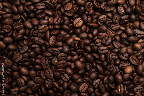 Roasted coffee beans. Beautiful background. Copy space. Top view. 