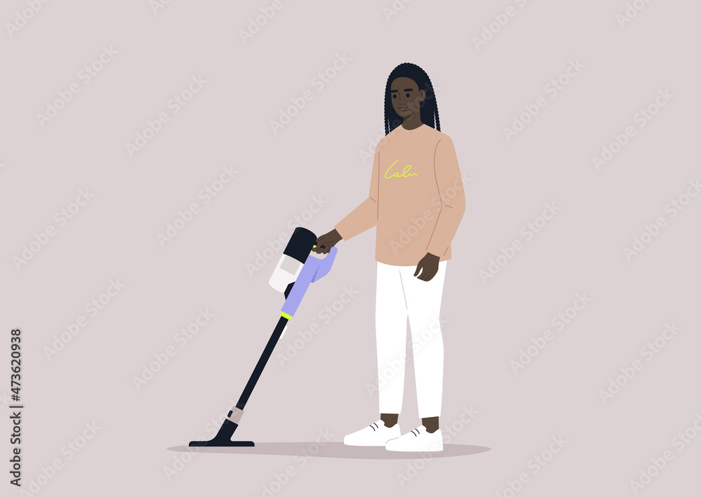 A female African character cleaning with a cordless vacuum cleaner, household chores A female African character cleaning with a cordless vacuum cleaner, household chores