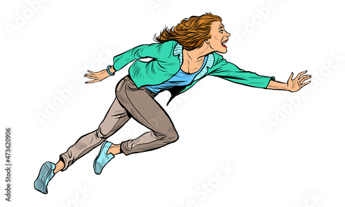 Young modern woman happily runs, lifestyle