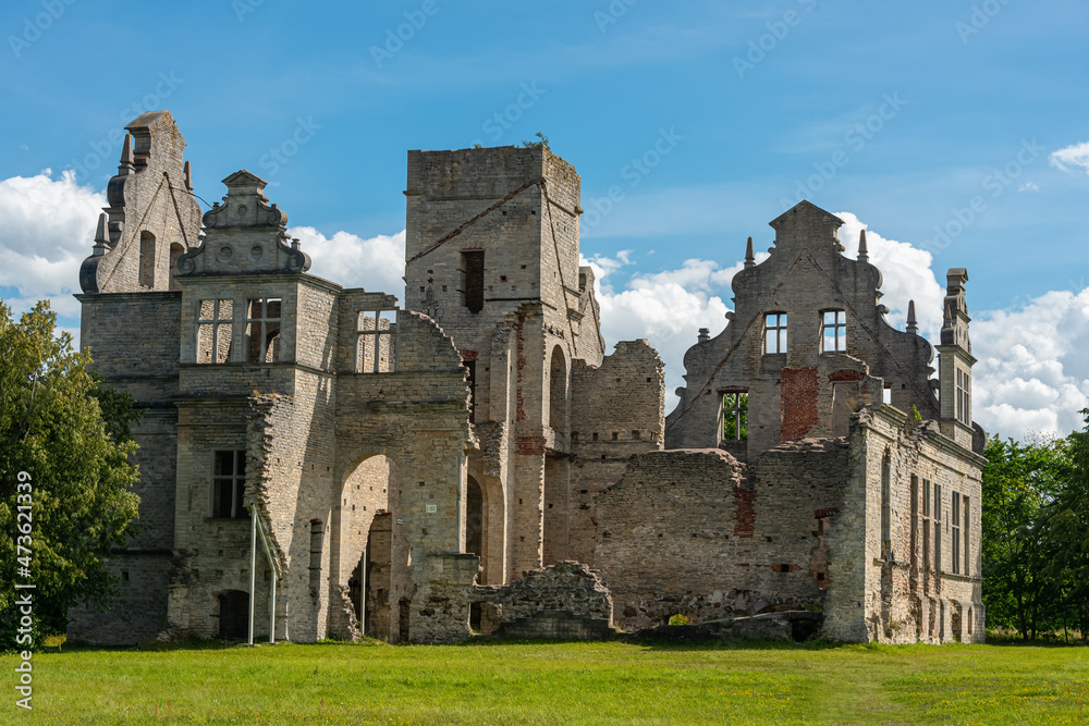 Neo-baroque building ruins of the Ungru manor Estonia near Haapsalu. The ruins of the Ungru manor used to represent one of the most impressive Neo-Baroque buildings in Estonia