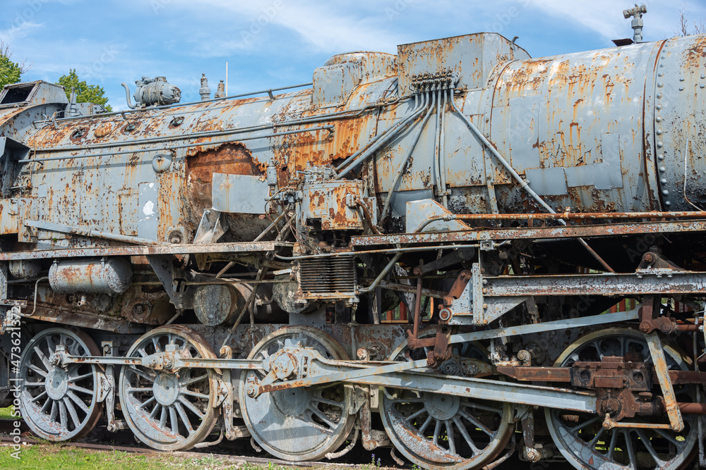 Ancient steam locomotive at railway station in summer, Haapsalu, Estonia
