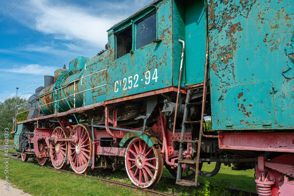 Ancient steam locomotive at railway station in summer, Haapsalu, Estonia
