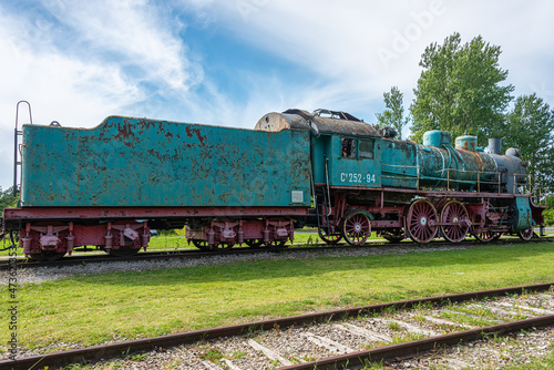 Ancient steam locomotive at railway station in summer, Haapsalu, Estonia 