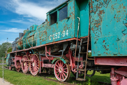 Ancient steam locomotive at railway station in summer, Haapsalu, Estonia
