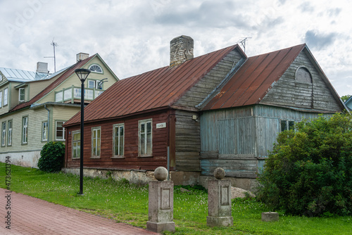 Street view of old resort town Haapsalu with typical wooden houses, Estonia