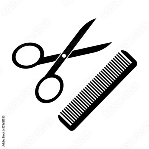 Icon with black scissors hairbrush. Comb and scissors. Vector logo. Black icon.