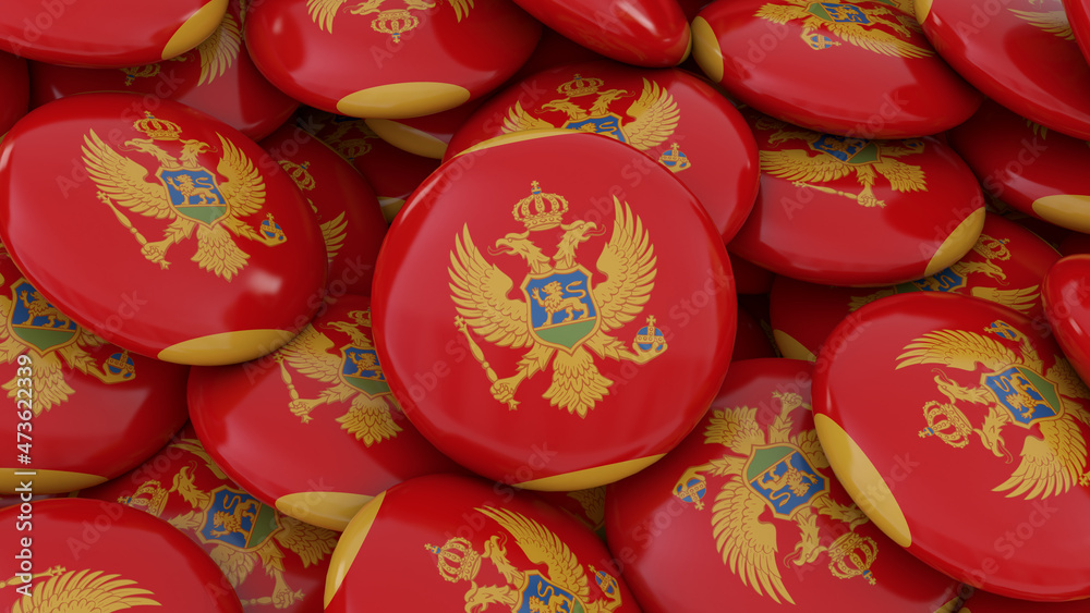 3d rendering of a lot of badges with the flag of Montenegro.