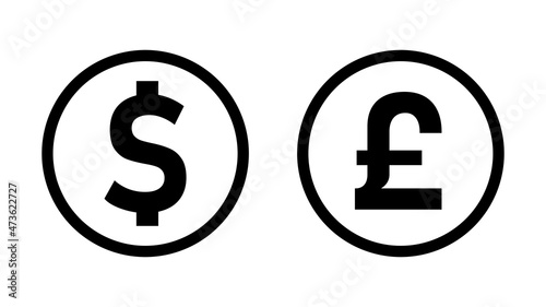 US Dollar British Pound or Sterling  Exchange Rate Currency Sign or Icon Set with a Coin Style Design. Vector Image.