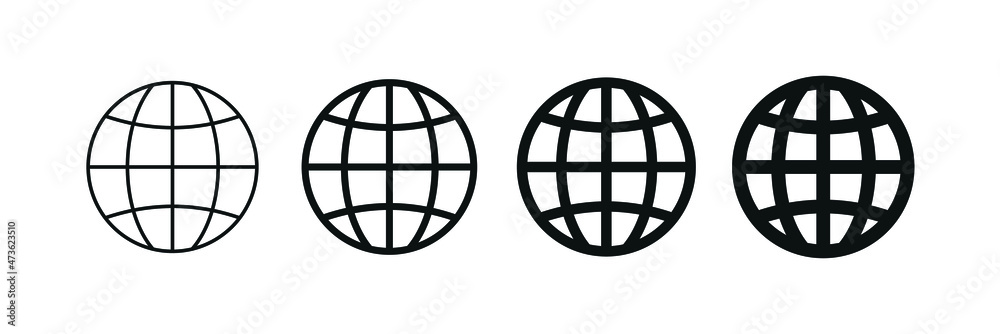 A set of icons of different thickness of the world wide web (www). Internet sign, earth. Globe, website address, outline symbol. Isolated vector illustration on white background.