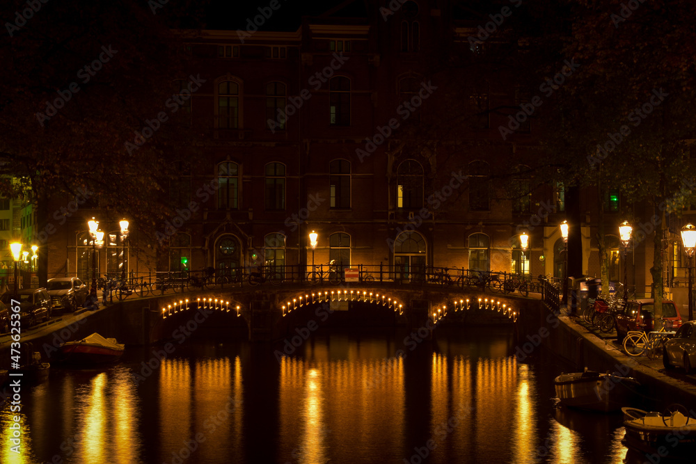 Amsterdam Bridge with Lights over Canal