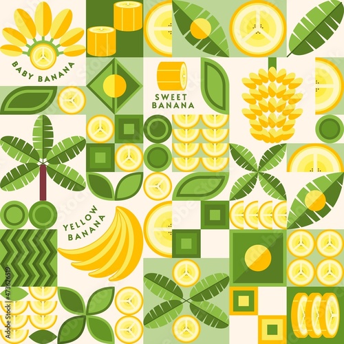 Background with banana design elements, logo in simple geometric style. Seamless pattern with abstract shapes. Good for branding, decoration of food package, cover design, decorative print, background