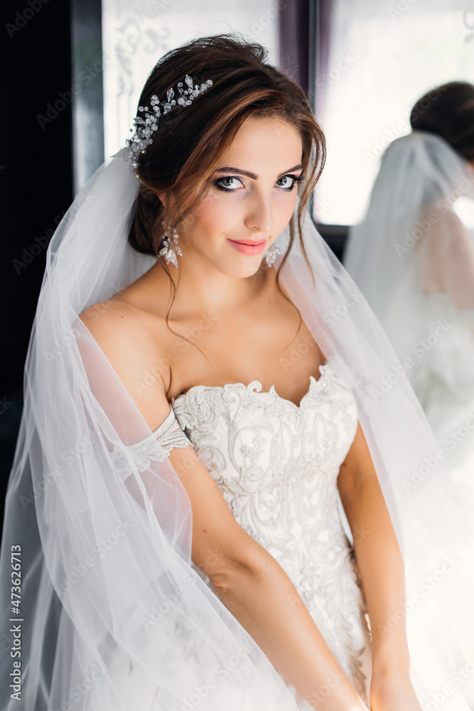 Bride with luxurious hair and makeup. Wedding. Preparing the bride for the upcoming wedding. Young attractive model. Morning preparation Bride with luxurious hair and makeup. Wedding. Preparing the bride for the upcoming wedding. Young attractive model. Morning preparation
