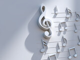 Diseño de fondo musical. Escritura musical. 3d ilustración de notas musicales y signos musicales de la hoja de música o partitura. Canciones y concepto de melodía.