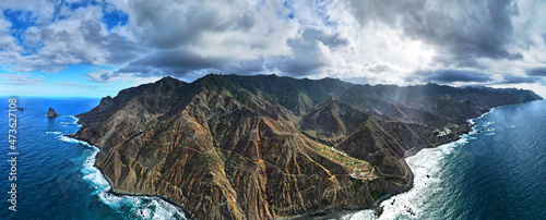 Aerial panoramic view of the northern coast in Tenerife from Anaga mountain wall on the coast of Atlantic Ocean, Tenerife, Canary. 